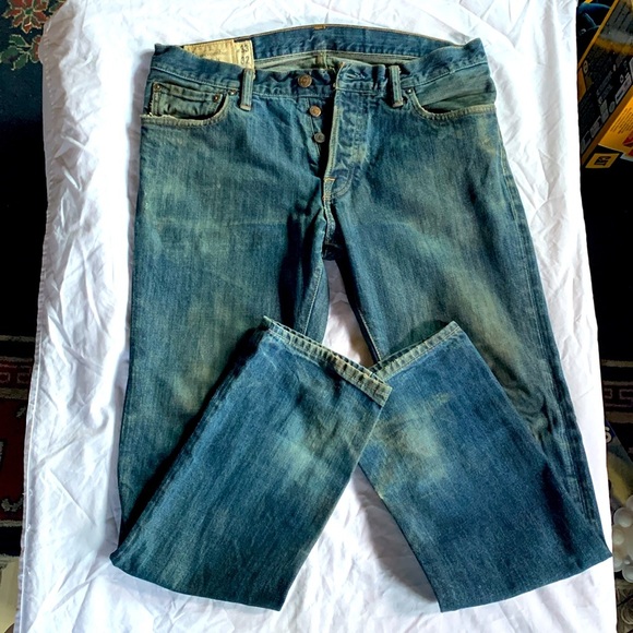 Abercrombie & Fitch Men's Blue Jeans, REMSEN Low Rise Slim Straight button down - Picture 6 of 11